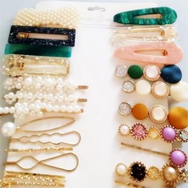 Fashion Hair Clips Set 24 Pcs Pearls Hair Clips Acrylic Resin Hair Barrettes Handmade Hair Barrettes,Glitter Crystal Geometric Hairpin, Elegant Gold Hair Accessories,Ladies Headwear Styling Tools