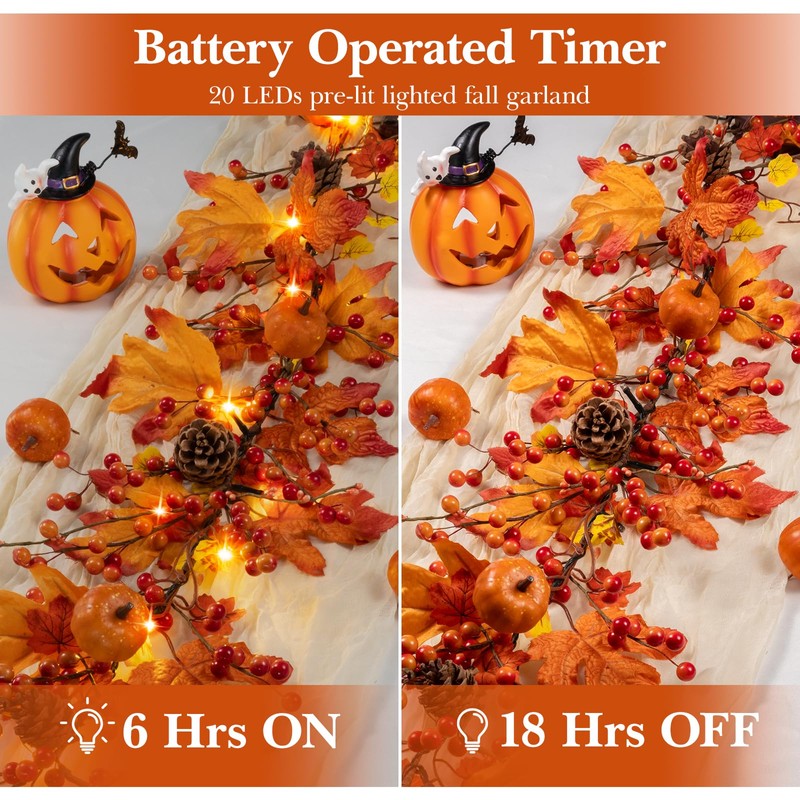 6 FT Fall Garland with 20 Lights & Timer, Pre-lit