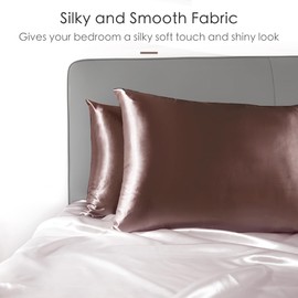 Zozojo Silky Satin Pillowcase, Soft Pillow Cases for Curly Hair & Skin, Similar to Silk Cooling Pillow Covers with Envelope Closure, Match Your Room Décor Set of 2 Pack, (20 x 26 Inches), Brown