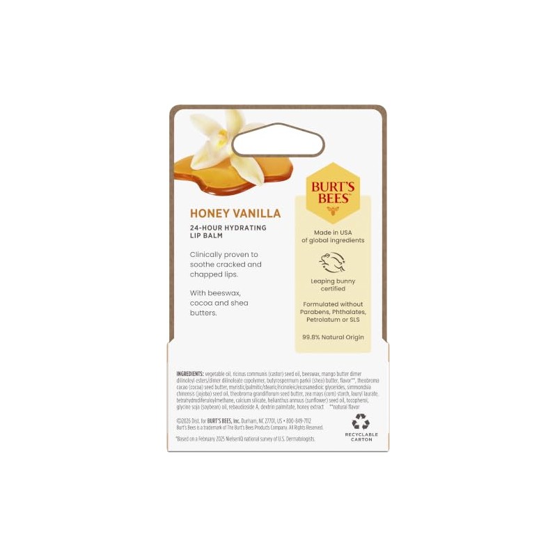 Burt’s Bees Honey Vanilla 24-Hour Hydrating Lip Balm, Value Pack,