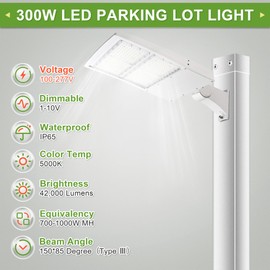 300W White LED Parking Lot Lights, LED Shoebox Pole Light, 40500Lm, 100-277Volt, Adjustable Direct Arms Mount, 1-10V Dimmable 700-1000W MH/HPS Replacement Lighting Fixture 100-277V