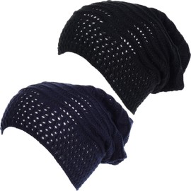 BYOS - Gorro de punto de ganchillo para mujer, ligero y suave, Paquete de 2 líneas onduladas azul marino y negro, Talla única