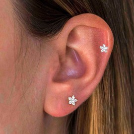 4 Pairs CZ Flower Stud Earrings for Women Mini Floral Screw Back Earring Cubic Zirconia Studs Sleeper Tragus Piercing Ear Cute Jewelry Gifts (4 Pairs Silvery Flower)