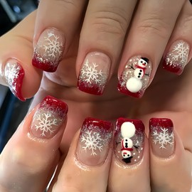 24Pcs Christmas Press on Nails Short Square Red French Tip Fake Nails with Snowman Design Glue on Nails Xmas Silver Glitter False Nails Winter Acrylic Stick on Nails for Women Holiday Nail Supplies