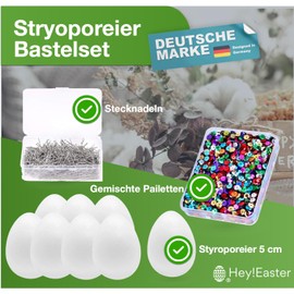 TK Group Timo Klingler - 25-Piece Easter Craft Set, 25 x Polystyrene Easter Eggs, 50 g Colourful sequins, 50 g Drawing pins, sequin pins, decorative craft with Easter eggs.