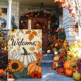 Fall Pumpkin Welcome Garden Flag for Outside 12x18 Inch Double Sided Burlap Autumn Thanksgiving Maple Leaf Sunflower Flowers Farmhouse Holiday Rustic Outdoor Yard Flag Home Decorations