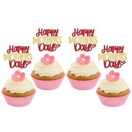 24 piezas de decoración para magdalenas para el día de la madre, diseño de feliz día de la madre, color rojo y dorado con purpurina, decoración para tartas de fiesta de cumpleaños de la madre
