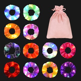 12PCS LED Hair Scrunchies,URSMART Light Up Glowing Hair Bands with Gift Bage Scrunchies Silk Hair Tie Multi Light Modes for Girls,Glow Party Christmas Hair Accessories