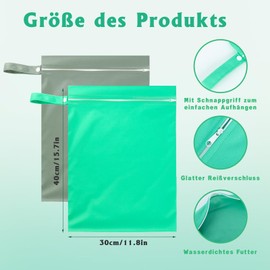 Moorle Pack of 2 Wet Bags 40 x 30 cm, Waterproof Laundry Bag, Grey & Green, Reusable Travel Wet Bag with Zip, Small Wet Bag Swimming for Swimsuits, Beach Towels, Nappies