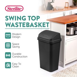 Sterilite 8-Pack Swing Top Wastebasket, Sleek Square Profile Trash Can, 13 Gallon, Black - Modern Garbage Bin for Kitchen, Bathroom, Garage and Workspace, Fits 13 Gal Liners