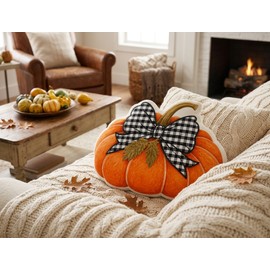 Pumpkin Plush Throw Pillow for Fall Home Decor – Buffalo Check Bow Accent for Cozy Sofas, Couches and Bedrooms