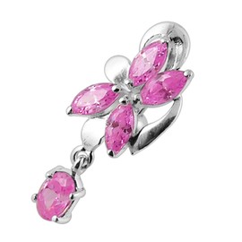 Pink CZ Crystal Stone Orchid with Oval Gems Dangling Reverse Bar 925 Sterling Silver Belly Ring Body Jewelry