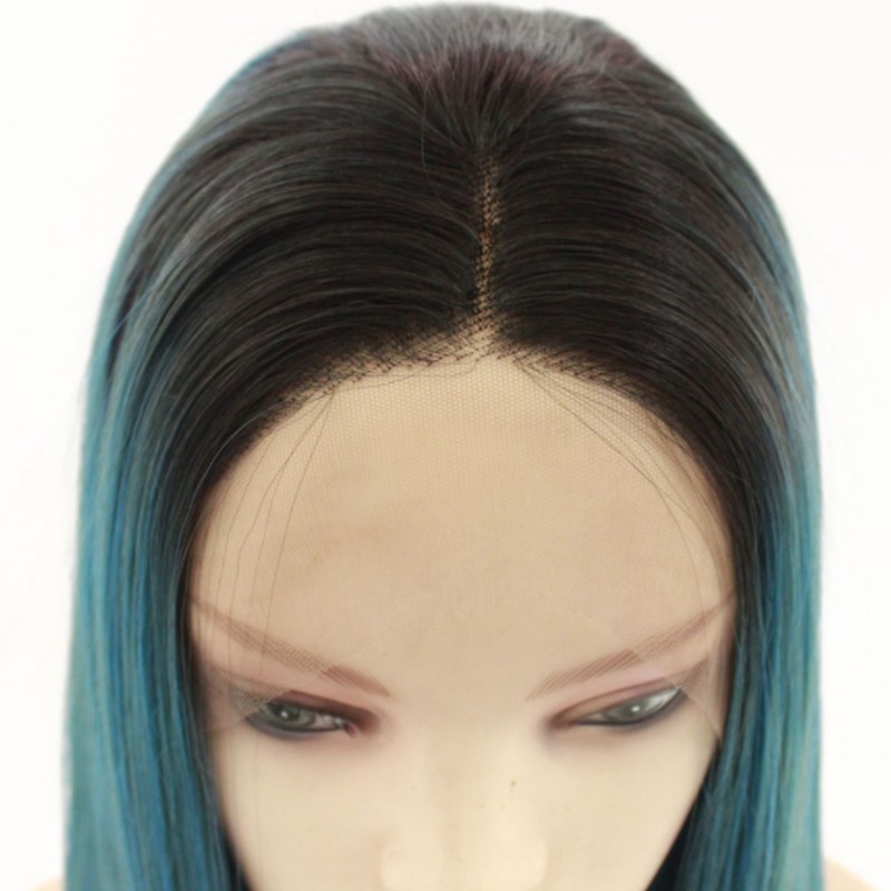 Long Straight Hair Wig Gradient Green Color Centre Parting Hairstyle