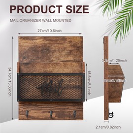Yalikop Farmhouse Mail Organizer Wall Mounted Rustic Mail Holder Hanging Key Sorter with 3 Hooks Indoor Wooden Wall Mounted, Letter, Magazines, Newspapers, Keys(Classics,Brown)