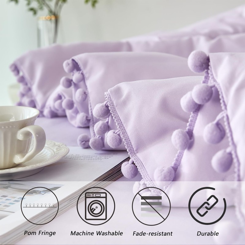 PERFEMET 5 Pcs Girls Lavender Comforter Sets Full Boho Pom
