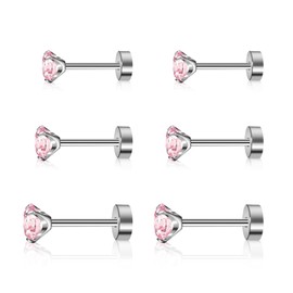 BOGKU 3 Pairs Flat Back Women Earring Studs Titanium Cubuic Zirconia CZ Men Stud Earrings Hypoallergenic Screw Back Earrings Silver Earring Studs Set for Cartilage 3mm-5mm (Pink CZ Set)
