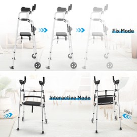 GYMAX Folding Walker, Adjustable Standard Walker with Removable Armrest, Seat, Wheeled Rolling Rehabilitation Auxiliary Walking Aid for Senior, Disabled, Limited Mobility