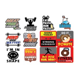 Creanoso Funny Fitness Stickers - 8 Bulk Sets (12 des. x 8pcs ea.) - Approx. A7-Sized 3.55x 3.94 in. DIY Decoration Decal for Any Flat Surface laptops, Skateboards, Luggage, Cars, Bumpers, Bikes