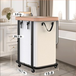 40 Gal (150L) Laundry Hamper with Lid, Leather Patchwork Laundry Basket with Rolling Lockable Wheels and Handle, Laundry Basket Organizer for Laundry Room, Bedroom and Bathroom,Laundry Room - White