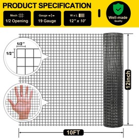 Black Hardware Cloth 12'' x 10' PVC Steel Vinyl Coated 1/2 inch Galvanized Wire Mesh Roll (19 GA) Chicken Wire Fence Roll, for coop Fences,Screen mesh, Rabbit/Snake Fences, Poultry enclosures, etc.