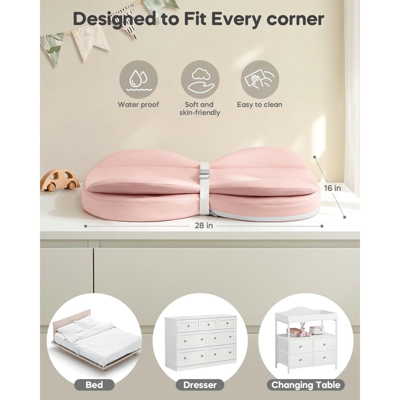 Baby Changing Pad with Waterproof & Wipe-Clean, Non-Slip Foldable PU