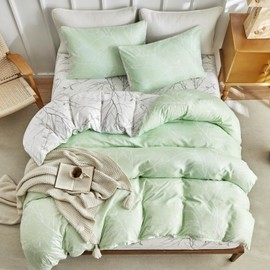 Tokokimo Double Duvet Cover Set 4PCS Bedding Set with Fitted Sheet, Botanical Branches Printed Green Double Duvet Set (1x Duvet Cover, 2x Pillowcases, 1x Fitted Sheet) Microfiber Double Duvet Cover