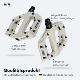 AARON Dirt MTB Plastic Pedals with Sealed Industrial Ball Bearings, Non-Slip with 8 Interchangeable Pins, Platform Bike Pedals for Dirt Bike, E-Bike, Downhill, Trekking, white