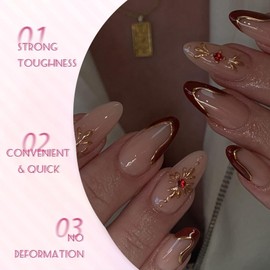 24 Pieces Almond Press-On Nails with Elegant 3D Gold Flower, Rhinestone Charm Design, Easy-to-Use Press Nails, Ideal for Weddings & Celebrations
