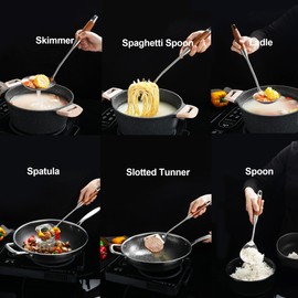 NIITAWH Stainless Steel Kitchen Utensils Set with Wooden Handle for Cooking 9 PCS with Solid and Slotted Spoon, Fork, Spatula, Ladle, Skimmer, Slotted Tunner, Spaghetti and Large Spoon