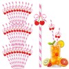 Pink and White Striped Bow Cherry Paper Straws, 50 Pack