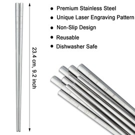 10 Pairs Chopsticks Reusable, Bestdin Metal Chopsticks Reusable with Unique Laser Engraving Pattern, 9.2 Inch Premium Stainless Steel Chop Sticks, Square Non-Slip Reusable ChopSticks, Dishwasher Safe