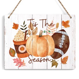 Fall Decor,Tis The Season Fall Decor Pumpkin Wall Art Decor,Rustic Thanksgiving Harvest Autumn Leaves Hanging Sign,Football Farmhouse Wall Hanging Decor Coffee Wooden Sign for Home Porch Indoor Cafe