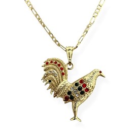 Chicken Rooster Tricolor Gold Plated Pendant Charm Necklace with Chain Rhinestones Gallo Medalla Oro Laminado