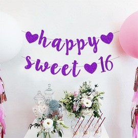 bng-bng 16th Birthday Banners For Girls Birthday Decorations Happy Sweet 16 Banner Glittery Birthday Bunting Garland Sign Sixteen Birthday Party Decoration Purple