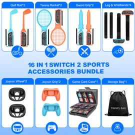 HELLCOOL 16-in-1 Switch 2 Sports Accessories for Switch 2025 Joy Con with Card Storage Case,Storage Bag,Steering Wheels for Mario Kart 8 Deluxe, Switch 2 Sports Bundle for Family Fun & Fitness Games