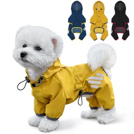 Dog Raincoat, Waterproof Dog Rain Jacket with Hood, Dog Rain Coat with Leash Hole, Reflective Strap for Small Medium Dogs, Lightweight Puppy Clothes(Yellow,L)