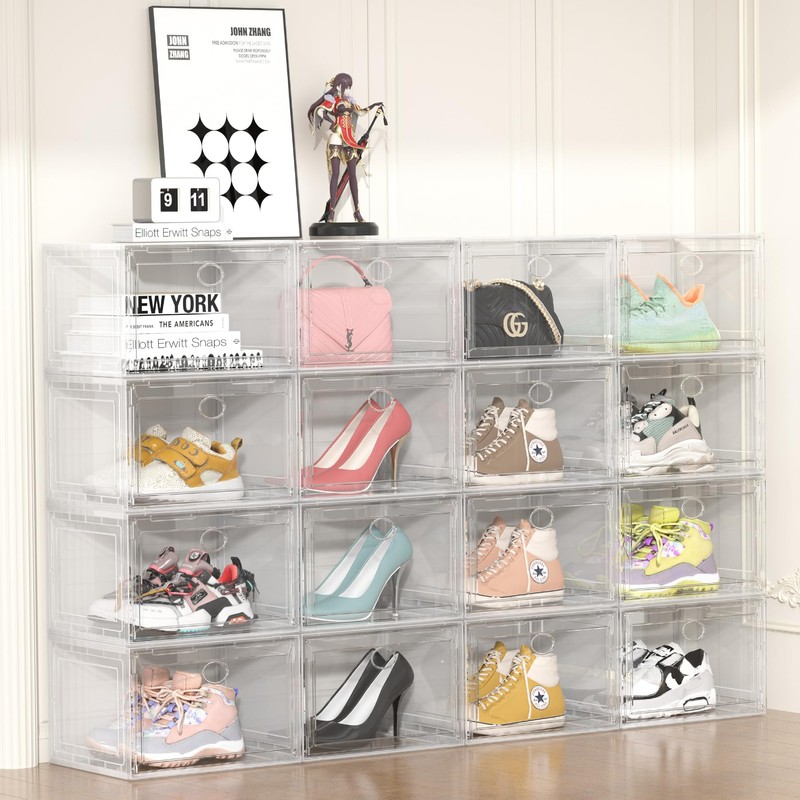 LEKSOGS 8 PACK Shoe Boxes Clear Plastic Stackable, XL Clear