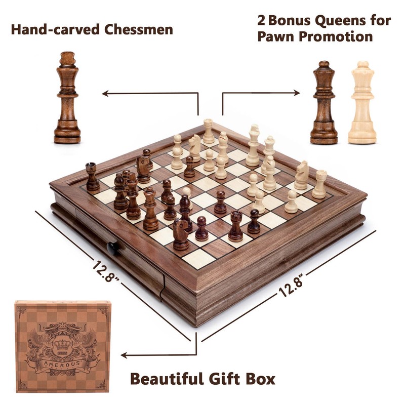 AMEROUS Magnetic Wooden Chess Set, 12.8" x 12.8" Walnut Chess
