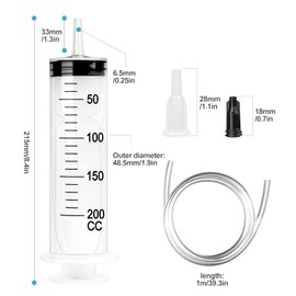 Large Syringe 200 ml, Plastic Syringe Reusable Liquid Syringe with Hose and Plug and Excavator Hose for Laboratory, Industrial, Garden and Pet Feeding, White