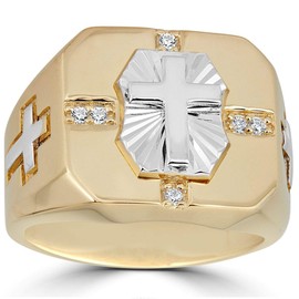 HarlemBling Solid 925 Sterling Silver - Men's Cross Ring W. 14k Gold Finish - Religious Christian Ring For Men - Pinky Or Any Finger Sz 7-13 Icy Diamond Cut (12)