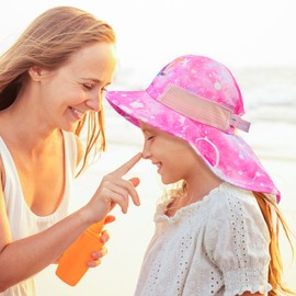 Girls Sun Hat for Kids UV Protection Unicorn Summer Hat Beach Play Hats Wide Brim Neck Flap for Girls Ponytail Hat 2-9 Years