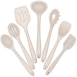 E-far Silicone Cooking Utensils Set, 7-Piece Khaki Heat Resistant Kitchen Utensils Set, Kitchen Nonstick Tools Spatula Ladle Spoon Pasta Server for Non-stick Cookware, Non-Toxic & Dishwasher safe
