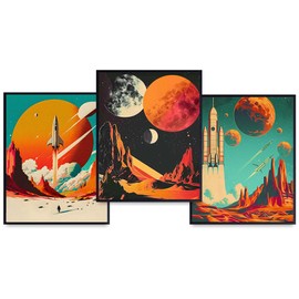 Space Wall Art Set for Kids - Boys Room Decor Wall Collage - Outer Space Themed Bedroom Decor for Boys - Vintage Retro Boys Bedroom Decor - Moon Wall Decor - Orange Blue Mid Century Modern Wall Decor