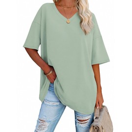 ATHMILE Womens Summer Oversized Shirts V Neck Plus Size Spring Workout Tops Beach Vacation 2025 Gym Clothes Gray Green