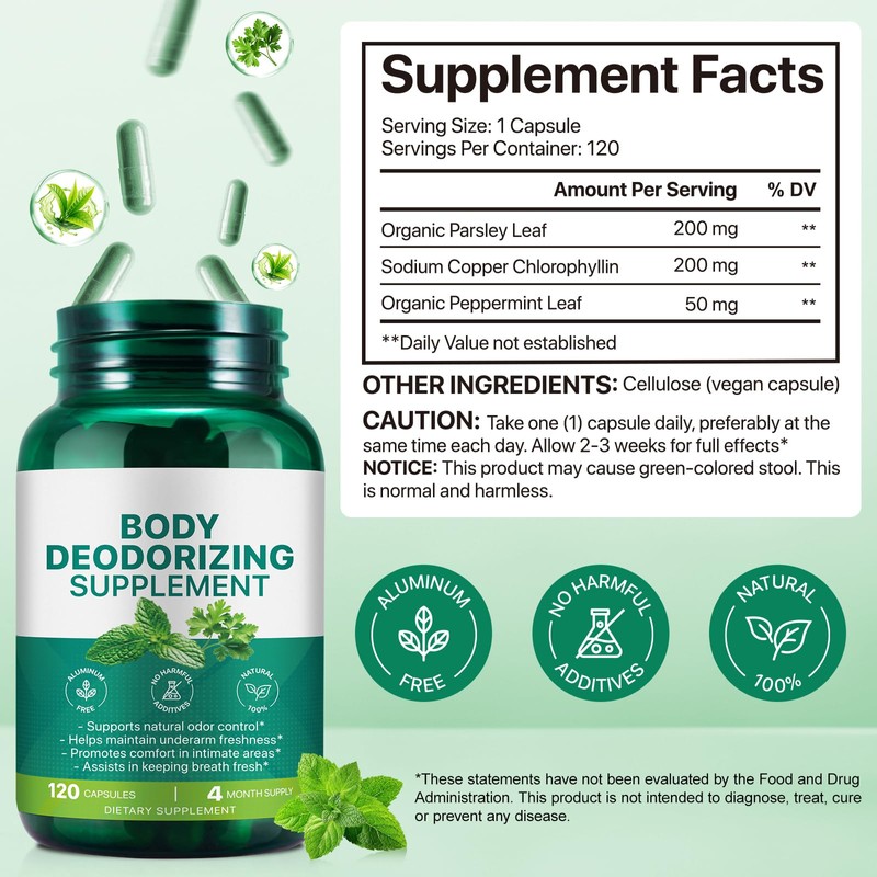 Chlorophyll Body Deodorizing Supplement for Digestion/Gut Health Support, Internal Deodorant