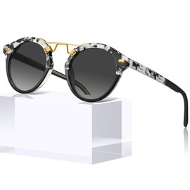 CARFIA Small Black Acetate Polarized Sunglasses for Women UV Protection, Retro Double Bridge Eyewear Metal Brow Sunnies