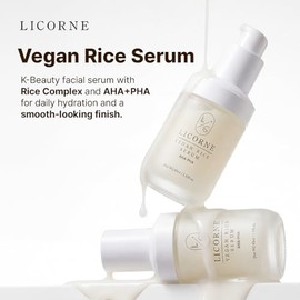 Licorne Suero de arroz vegano coreano para cara con AHA PHA, piel hidratante e hidratante y tez suave, cuidado facial K-Beauty, 1.52 onzas líquidas