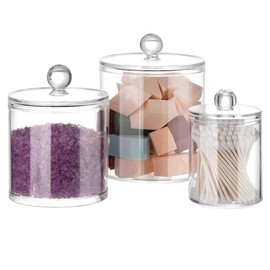 Cotton Pad Holder Set of 3 Acrylic Swab Holder Bathroom Canisters Cotton Swab Dispenser Diameter 4.3 Inch 3.7 Inch 2.7 Inch Clear Container with Lids for Cleansing Cotton