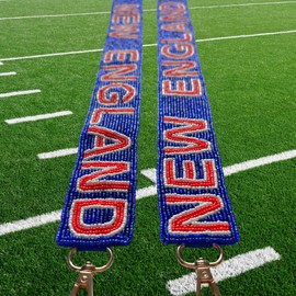 Lashicorn New England Navy Blue Beaded Purse Strap Red Letters 49” Pro Football Stadium Approved Clear Bag Patriot Gold Hardware Sports College Atlantic Massachusetts Maine