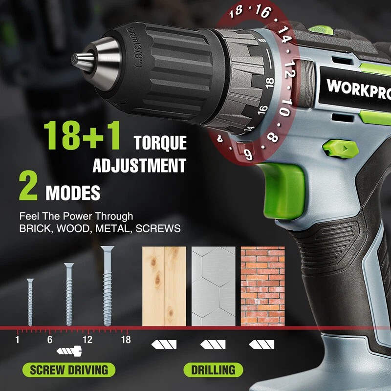 WORKPRO 20V Cordless Drill Driver Kits 3/8'' Keyless Chuck 2.0Ah